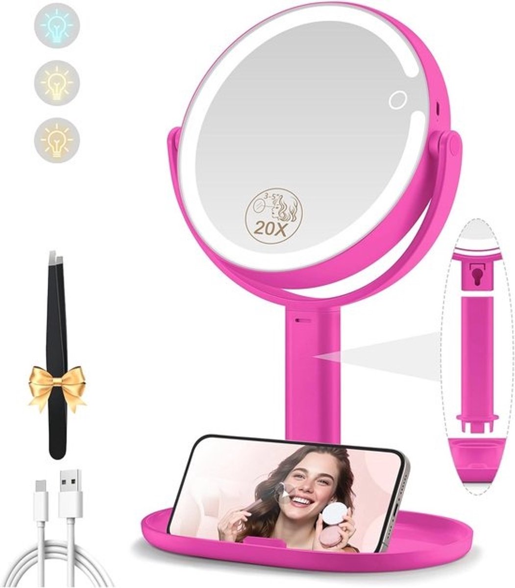 Dubbelzijdige Make-up Spiegel met Verlichting - Oplaadbare 360° Rotatie 1x/20x Vergroting en Instelbare Helderheid