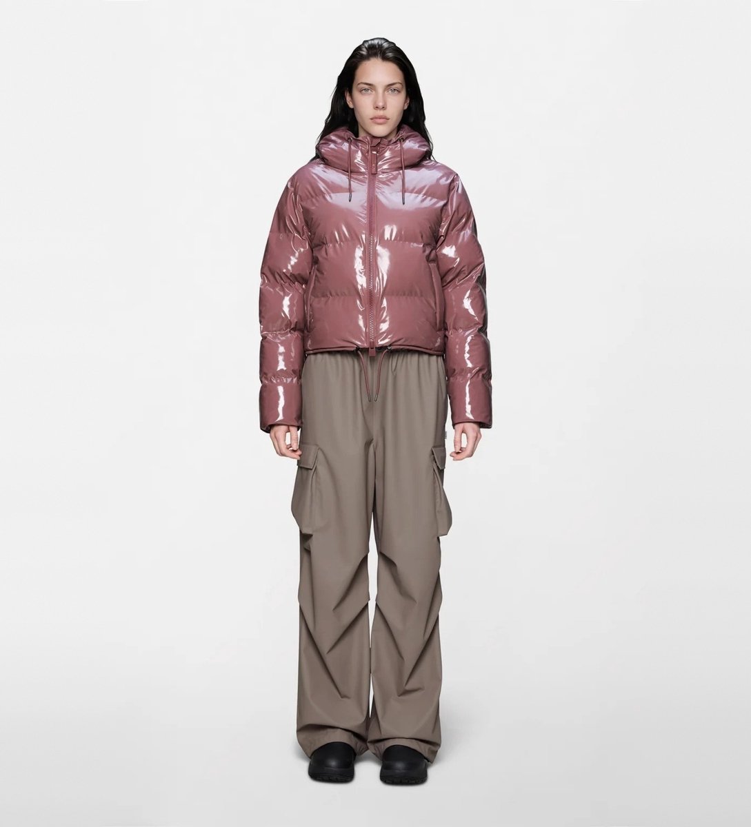 Rains Roze korte puffer jas met hoge kraag