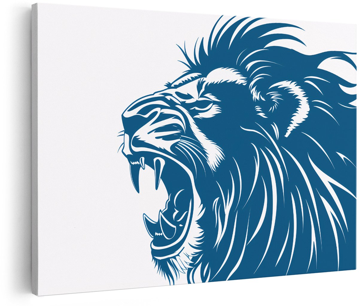 Artaza Canvas Schilderij Leeuw - 150x100 cm - Groot - Wanddecoratie Dieren - Muurdecoratie Brullende Leeuwenkop - Decoratie Woonkamer - Blauw