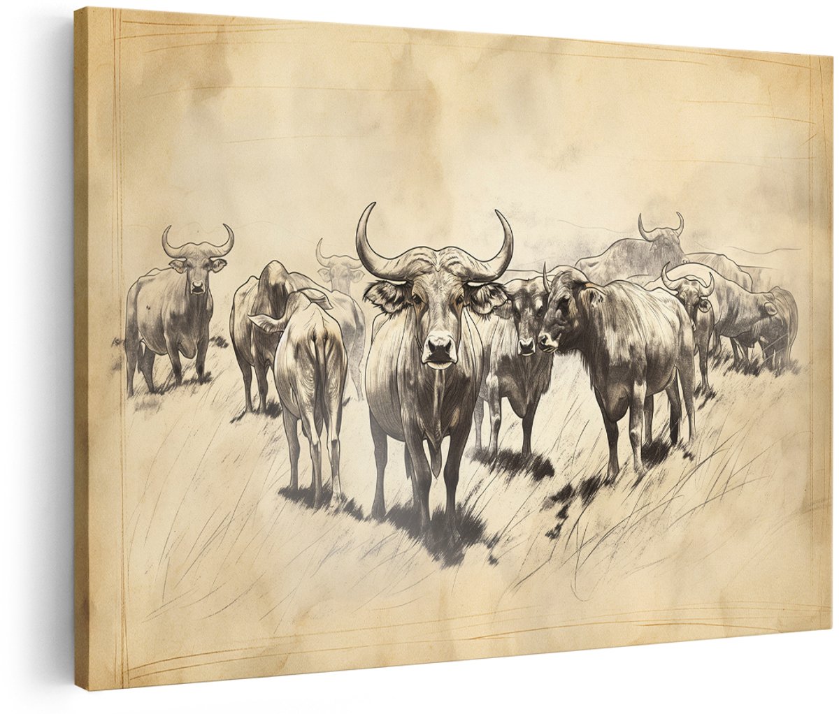Artaza Canvas Schilderij Buffels - 150x100 cm - Groot - Wanddecoratie Dieren - Muurdecoratie Afrika - Vintage Schilderij Natuur - Schilderijen Op Canvas