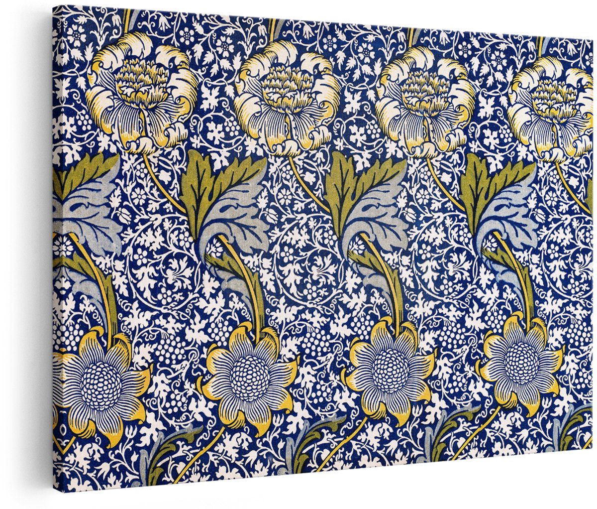 Artaza Canvas Schilderij Bloemen - 150x100 cm - Groot - Wanddecoratie William Morris - Muurdecoratie Vintage - Decoratie Bloemenpatroon Blauw