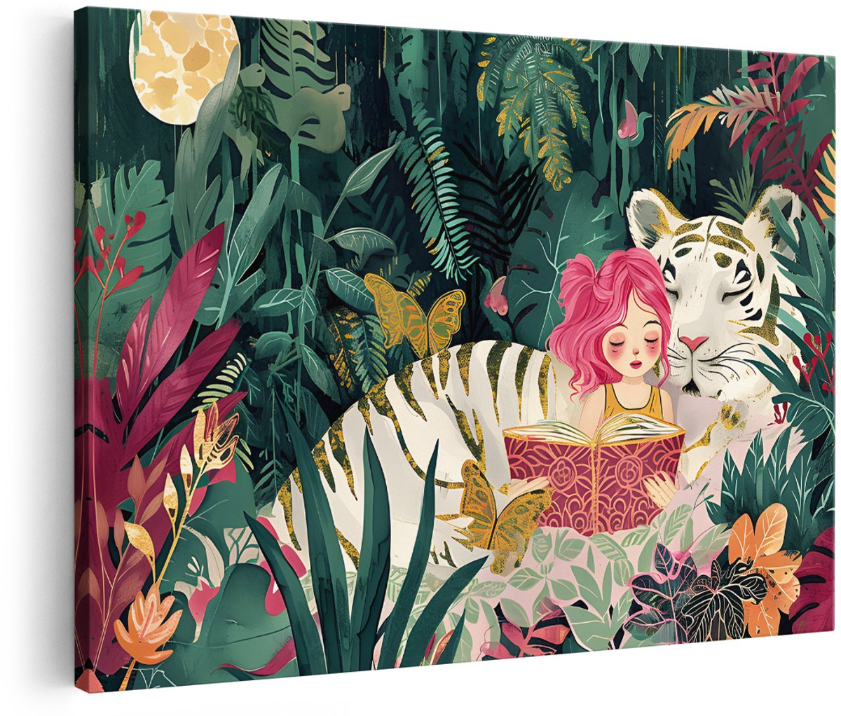 Artaza Canvas Schilderij Meisje Met Tijger - 150x100 cm - Groot - Wanddecoratie Kinderkamer - Muurdecoratie Jungle - Decoratie Vlinders Witte Tijger