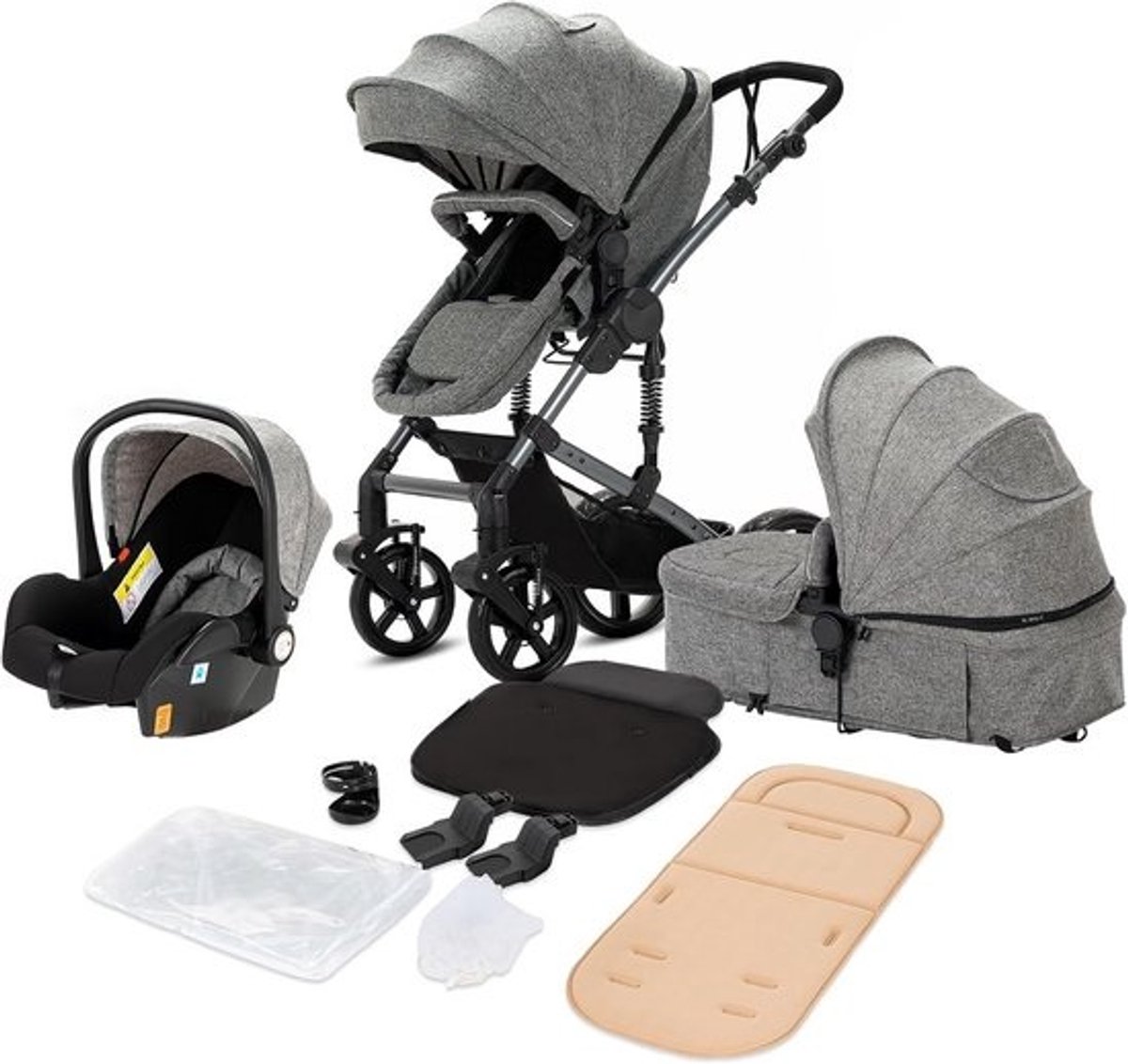 3-in-1 Kinderwagen Combiset met Omkeerbare Duwstang en Draagbaar Design