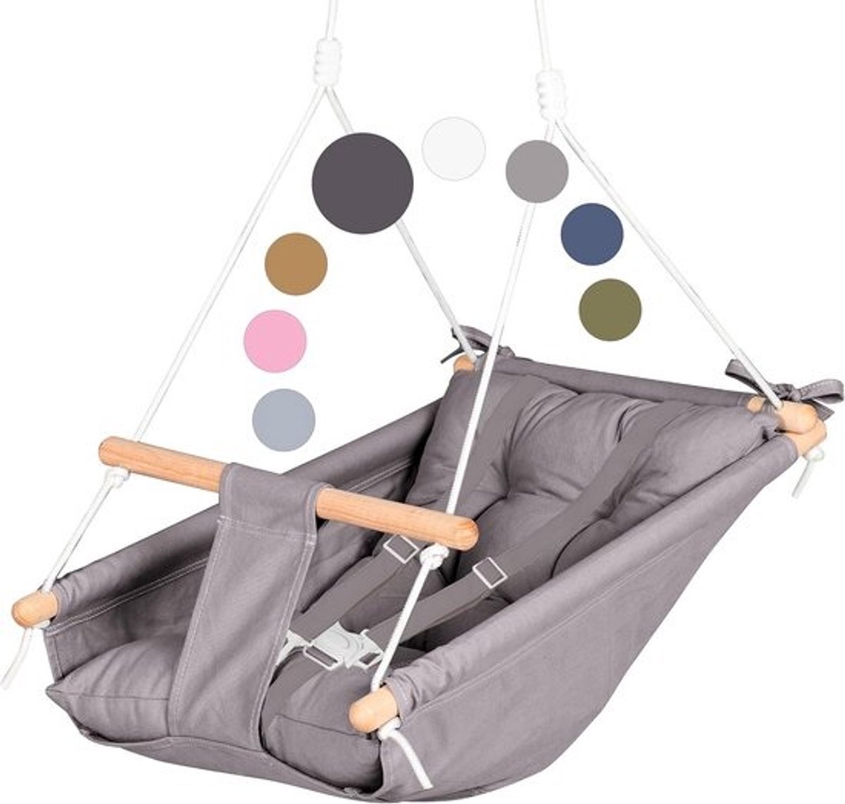 Canvas Babyhangmat Schommel - Donkergrijs - Houten Hangende Stoel voor Baby met Veiligheidsgordel en Bevestigingsmateriaal