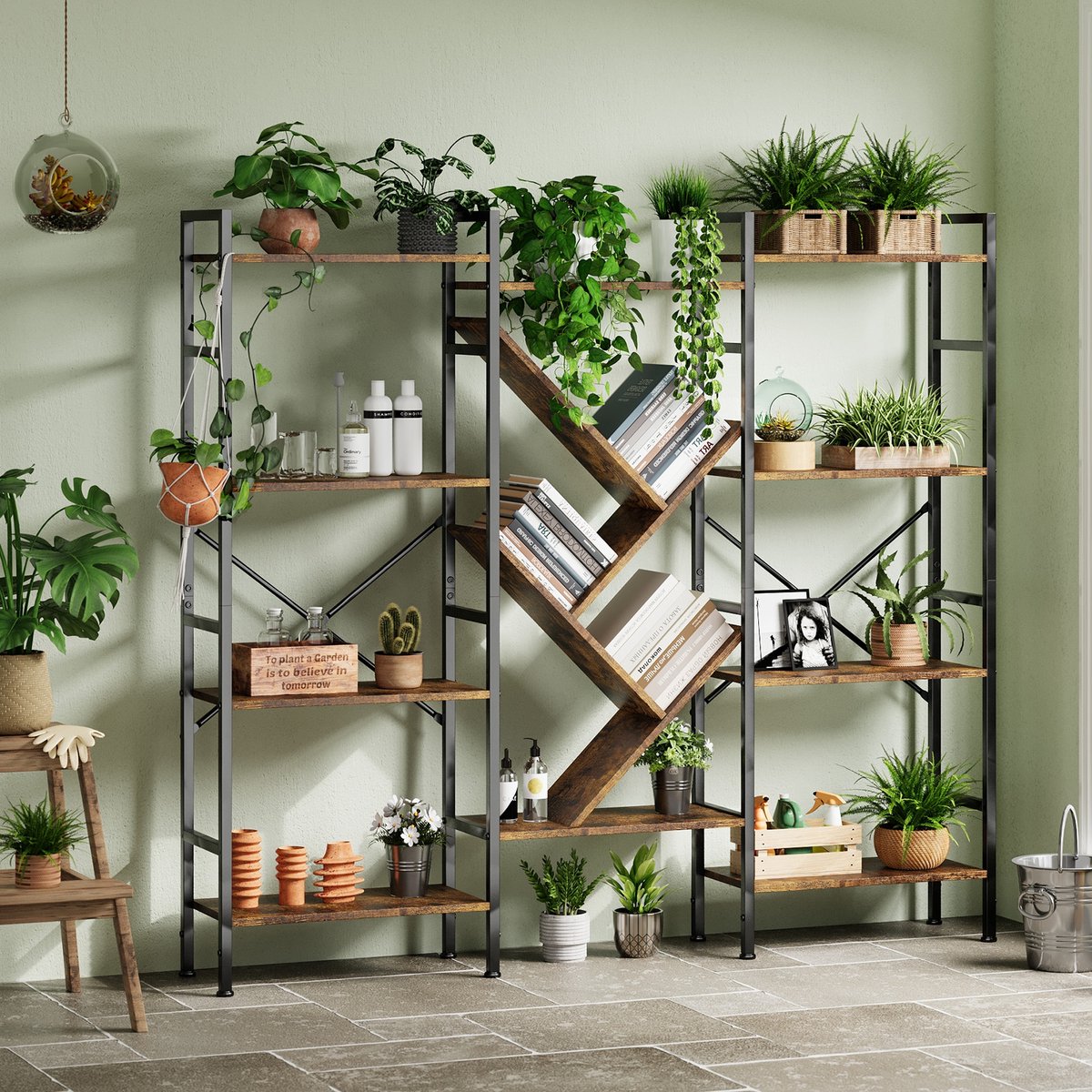 Brede Boekenkast 4 Lagen - 158x24x140cm - 14 Open Planken - Industriële Opbergkast Met Metalen Frame - Boomvormig Boekenrek - Voor Woonkamer Thuiskantoor Slaapkamer - Bruin
