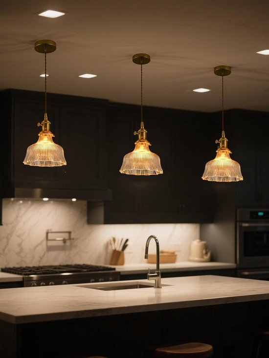 Retro hanglamp met 1 lichtpunt en E27-fitting, messing lamphouder en glazen kap; verstelbare hanglamp voor slaapkamer, restaurant of café; ook geschikt als hanglamp boven een kookeiland. — afbeelding 5