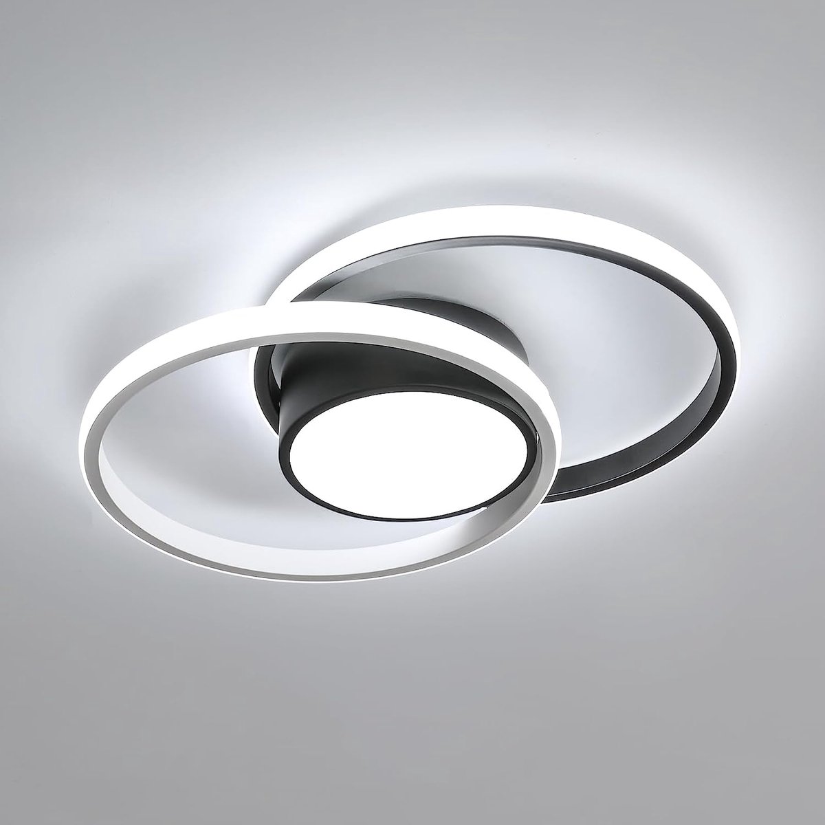 Riserva Moderne Plafondlamp, 42W LED Plafondverlichting 6500K Koel Wit, Dubbele Ronde Zwart‑Witte Lamp van Aluminium, Acryl, IJzer en Silicone, voor Woonkamer, Slaapkamer, Eetkamer