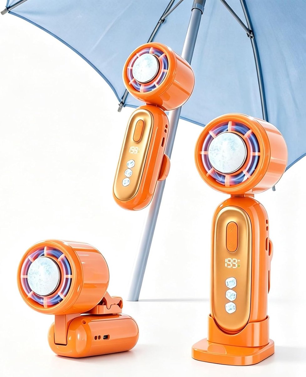 Handventilator met ijskoeling - met clip - Draagbare Ventilator - 3000mAh - Koelt écht - Mini Fan Oplaadbaar - Oplaadbaar - LED-display - 199 windsnelheden - Mini Ventilator - Draagbare opvouwbare nekventilator - Oranje - Draagbare Mini Ventilator