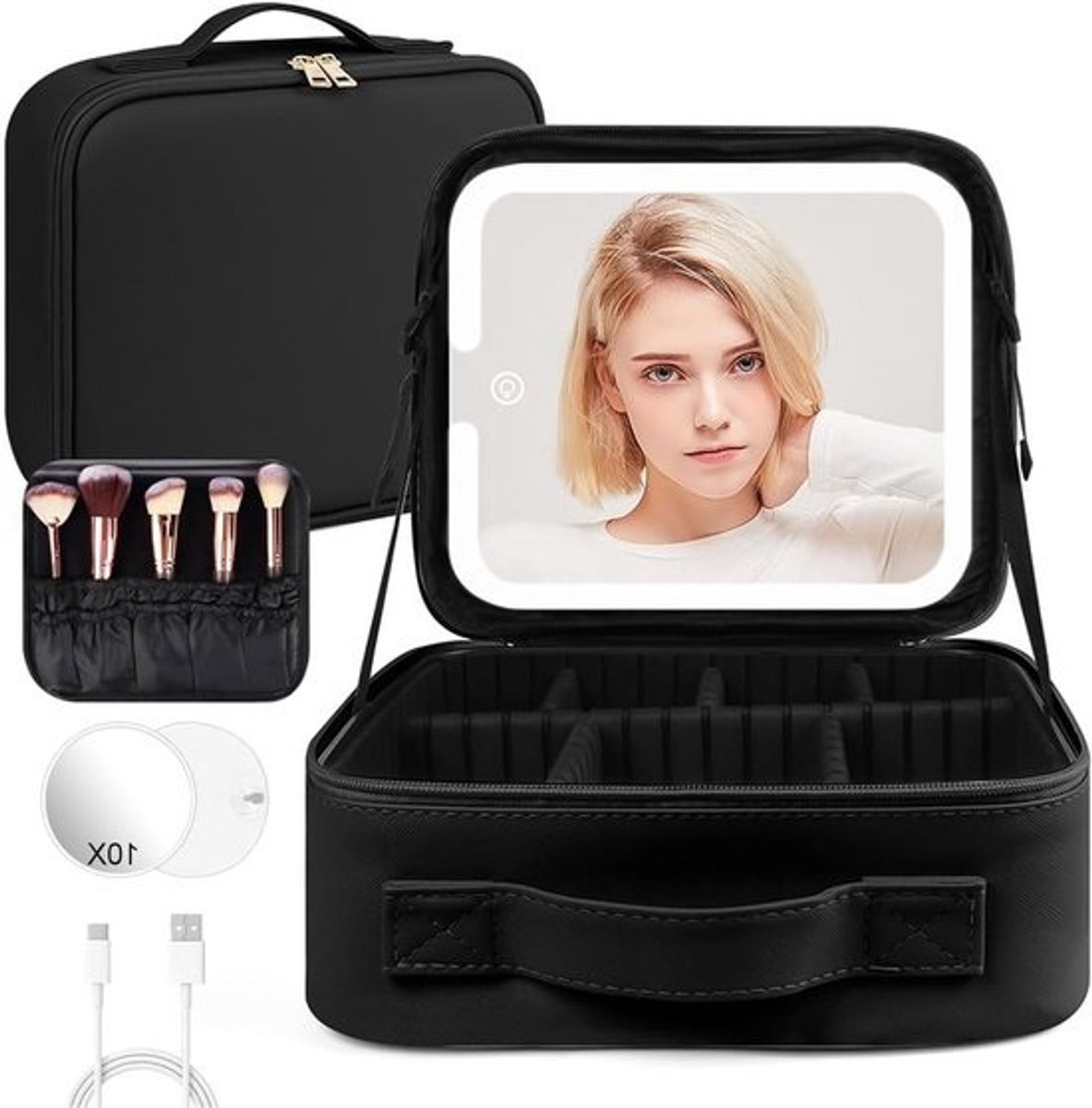 Waterdichte Make-up Tas met LED Spiegel en Verstelbare Vakken - Reisetui voor Cosmetica