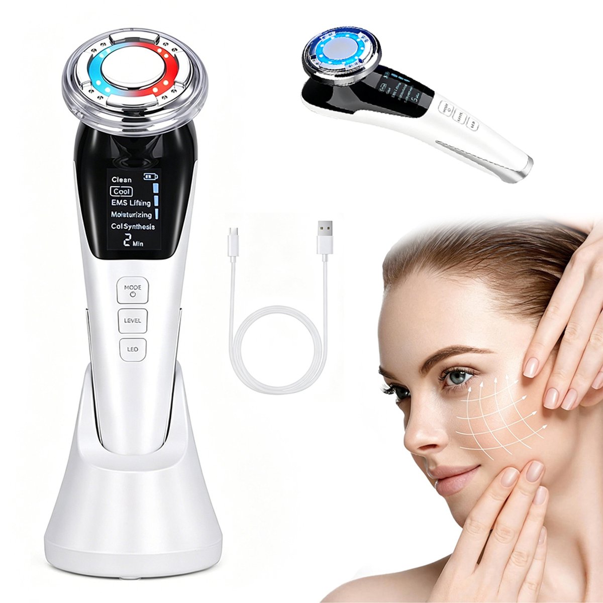 7-in-1 gezichtsmassageapparaat - Huidverjongings- en infusieapparaat - Schoonheidsapparaat voor thuisgebruik - Gezichtsverzorgingsapparaat - Lifting en versteviging - Radiofrequentie - LED-therapie - Ultrasoon - Foton - Warmte- en koudetherapie - 10W