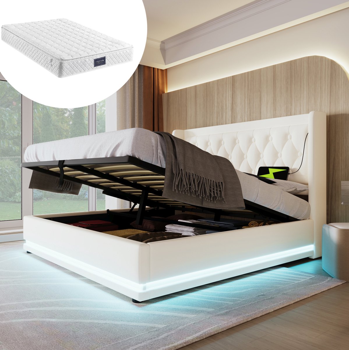 REDOM - Bed - Hydraulische opbergruimte - USB en Type-C laadfunctie - 3-zijdige LED-verlichting - Kunstleer - Wit - 150 x 210 x 101 cm