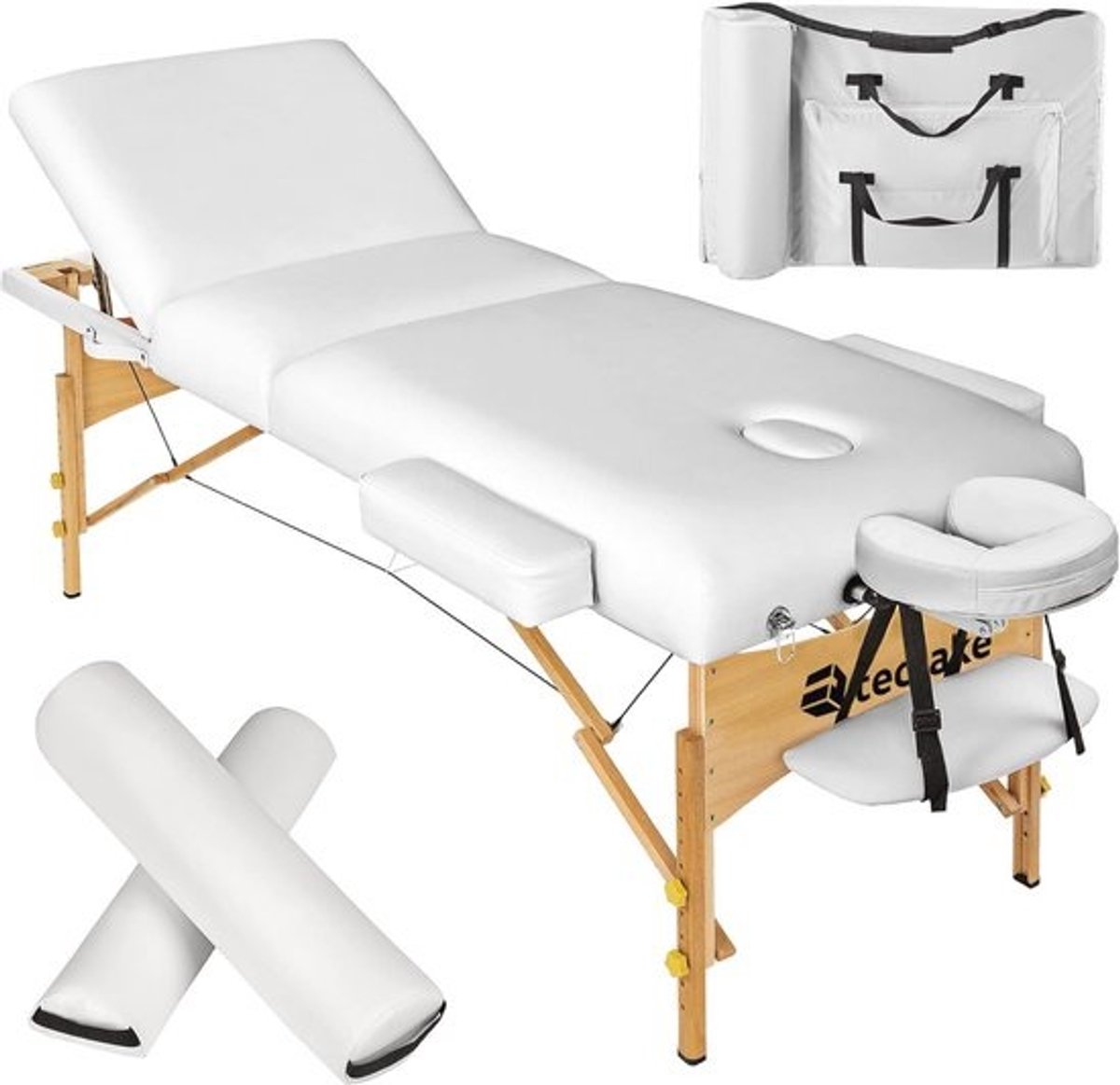 Opklapbare massagetafel met 3 zones en 7,5 cm matras - Inclusief rolkussens en draagtas - Wit