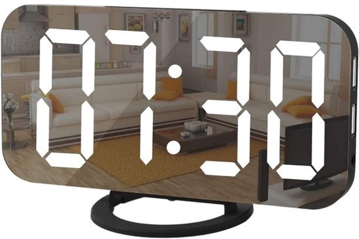 Digitale Wekker met Groot LED Display, Spiegeloppervlak en USB Oplaadpoorten