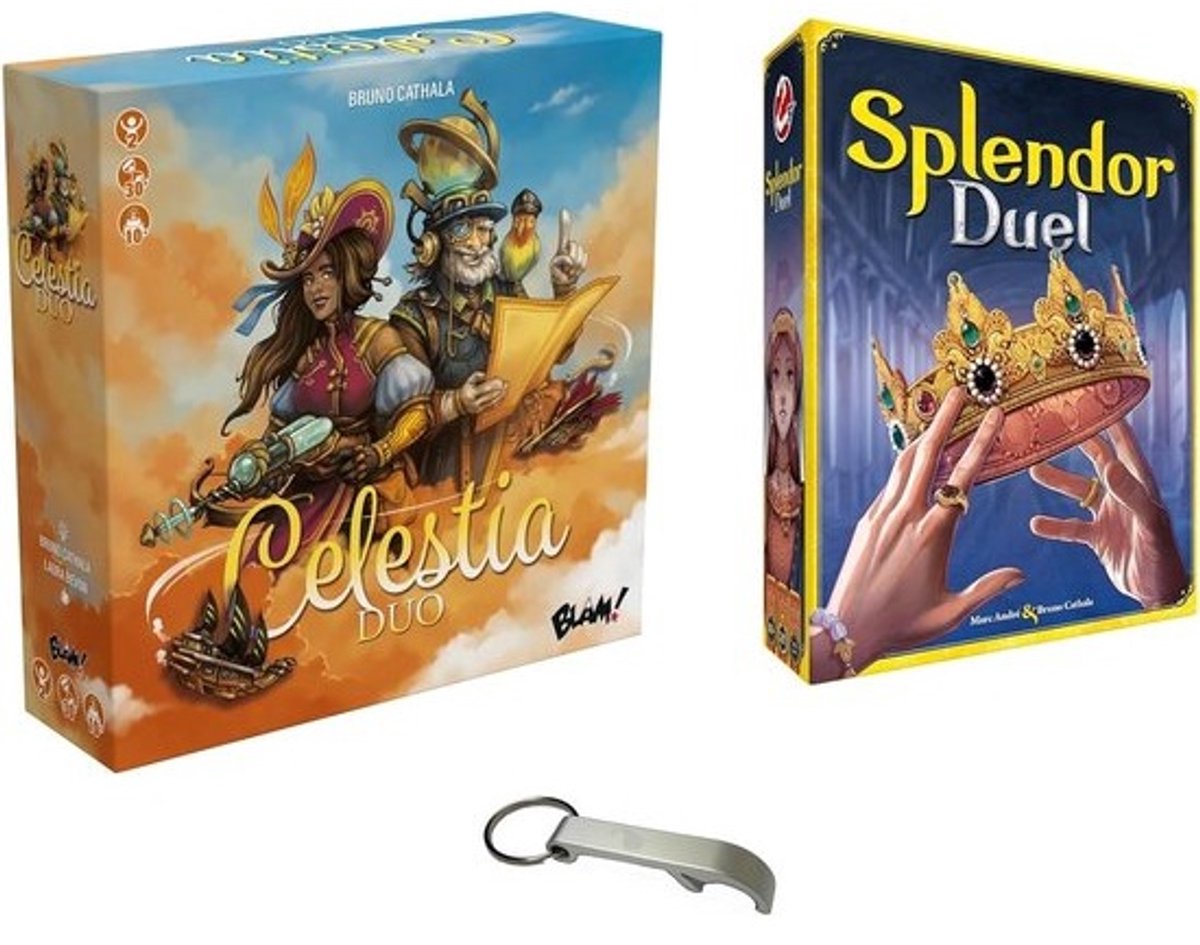 Coöperatief Spel voor Twee Spelers: Celestia Duo en Strategisch Edelsteen Spel Splendor Duel Inclusief Flesopener