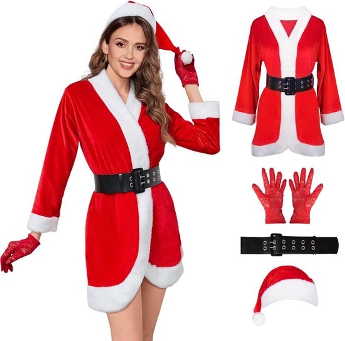Fluwelen Kerstjurk Outfit voor Dames met Riem en Hoed