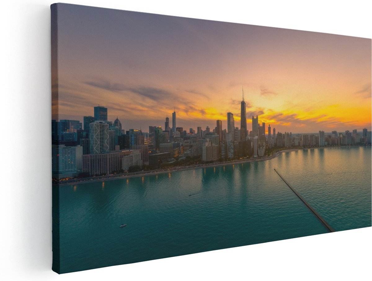 Artaza Canvas Schilderij Chicago Amerika - 160x80 cm - Groot - Wanddecoratie Skyline - Muurdecoratie Zonsondergang Lake Michigan - Kamer Accessoires