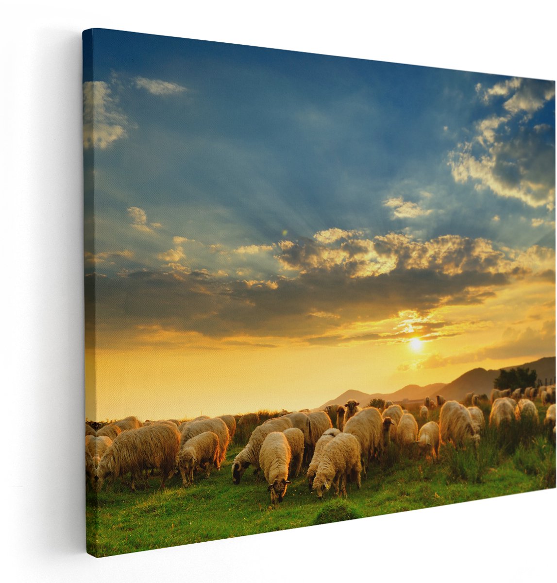 Artaza Canvas Schilderij Kudde Schapen op het Gras bij Zonsondergang - 150x120 cm - Groot - Wanddecoratie Woonkamer - Schilderijen - Muurdecoratie