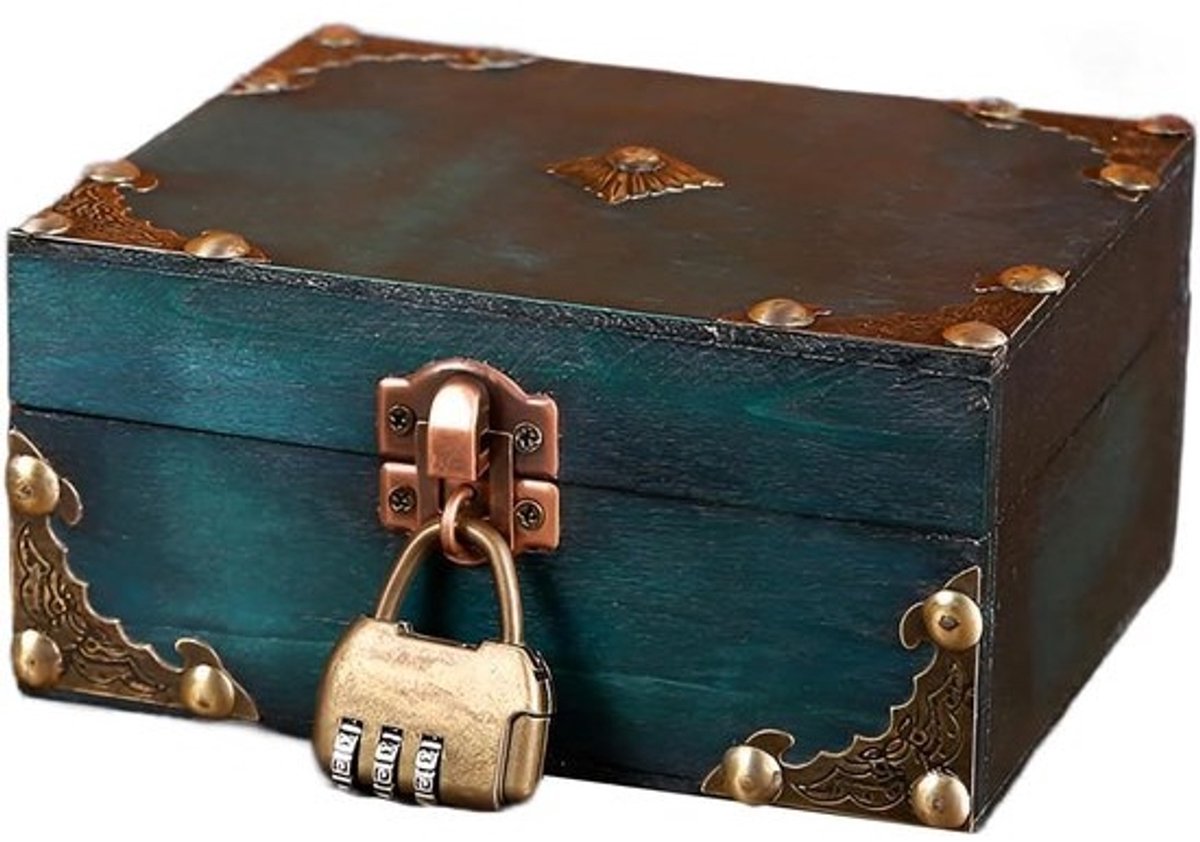 Vintage houten schatkist, schatkist met cijferslot, groen hout, opbergkist, vintage look, houten kist, piratenkist, voor het bewaren en decoreren van geschenken
