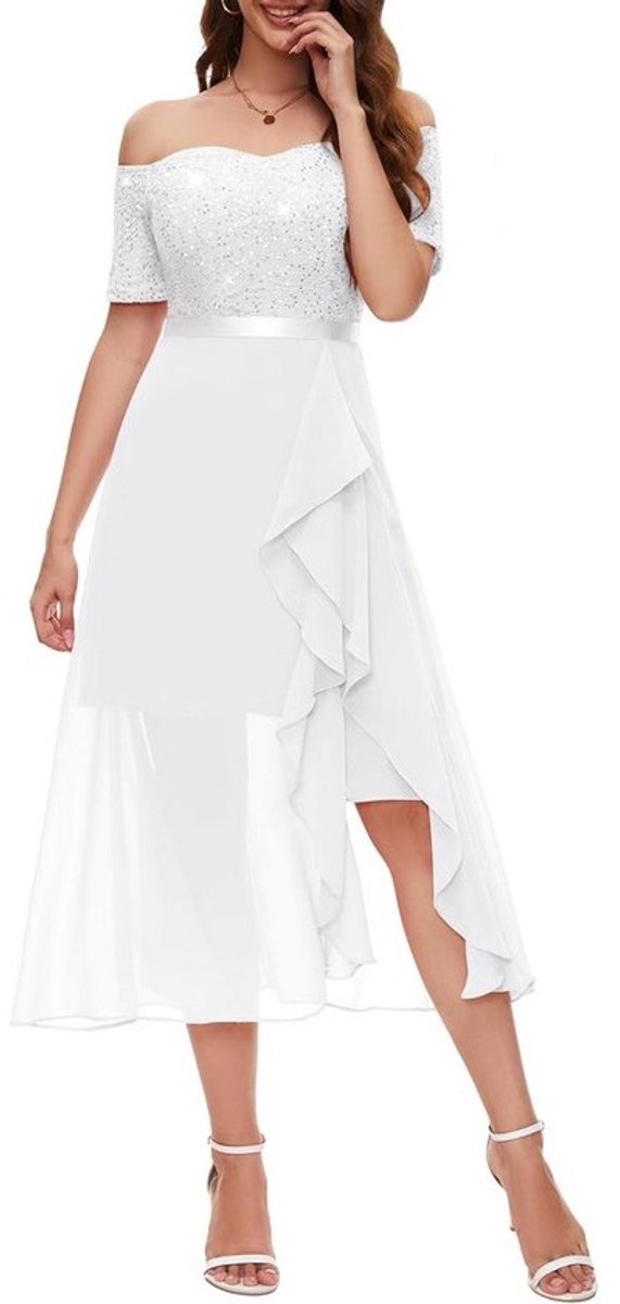 Elegante Lange Avondjurk met Glitter voor Dames - Off-Shoulder Cocktailjurk