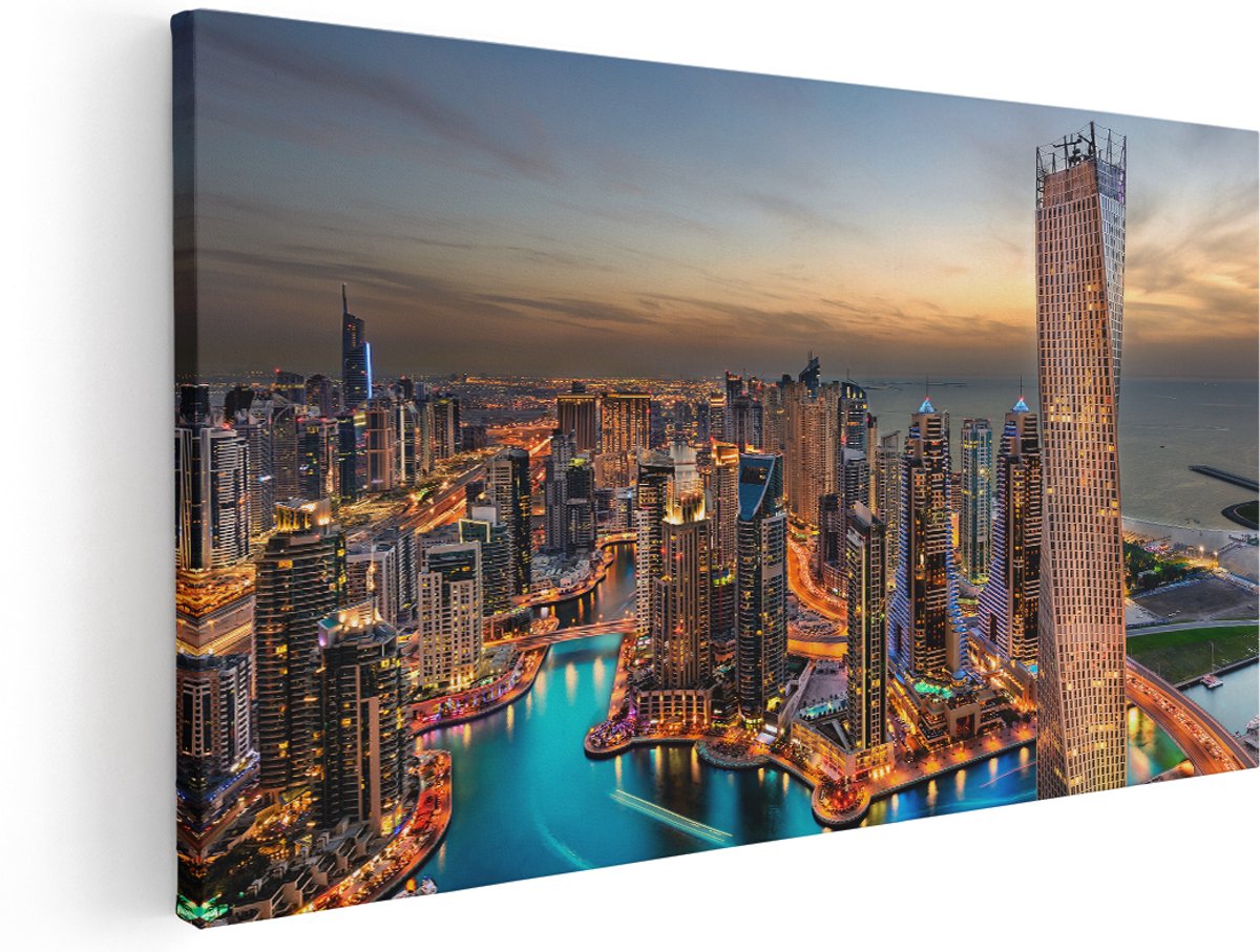 Artaza Canvas Schilderij Dubai Haven met de Stad - 160x80 cm - Groot - Wanddecoratie Woonkamer - Schilderijen - Muurdecoratie