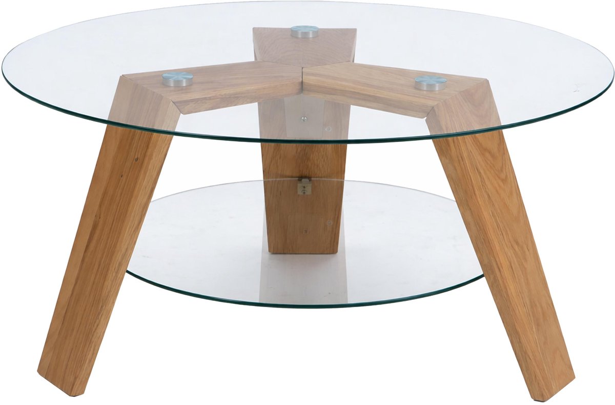 MCA salontafel MCW-P59, bijzettafel koffietafel salontafel, massief hout glas rond Ø 75 cm, eikenhout