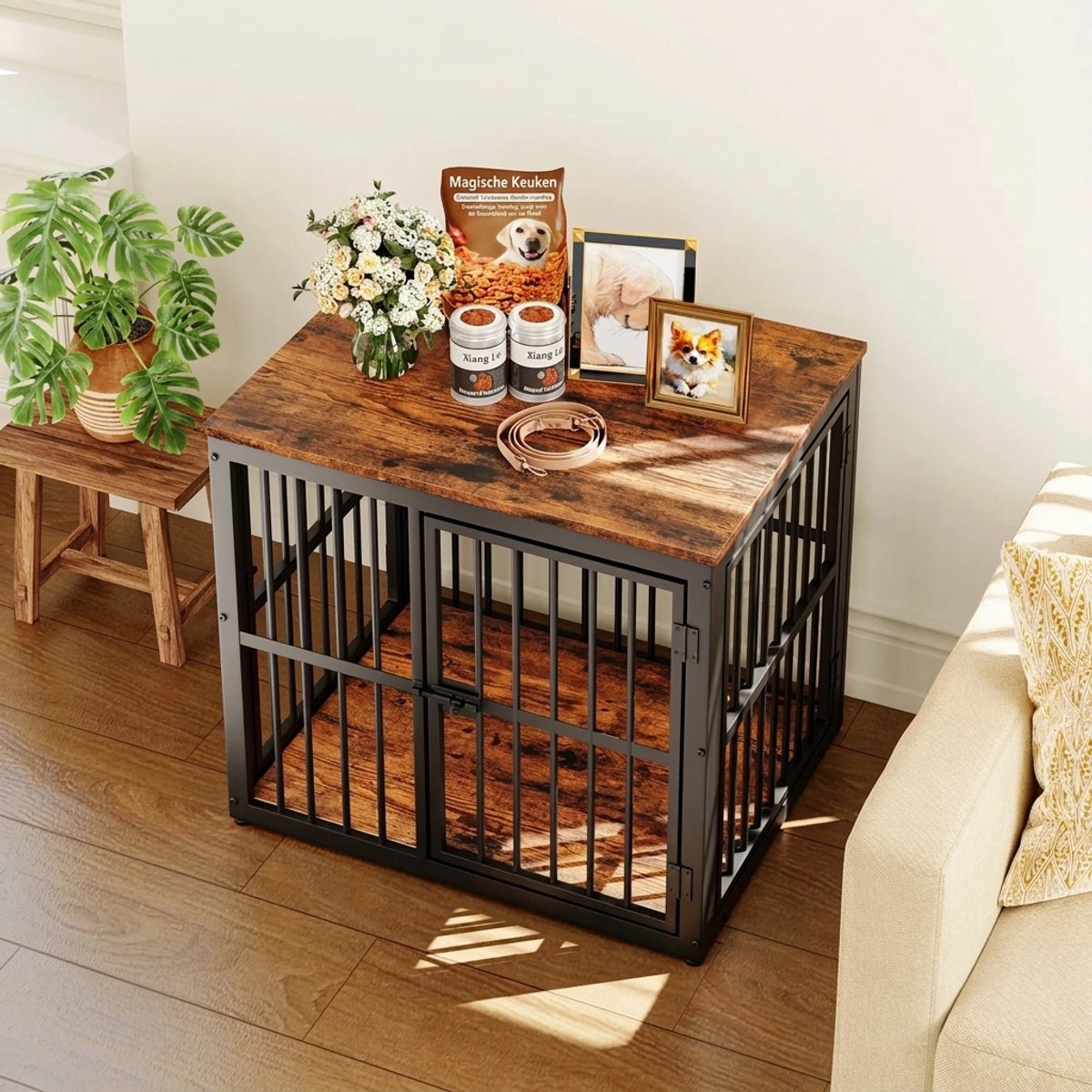 Modulaire Hondenbench - Hondenkooi - Hondenbox - Modulaire Hondenbench 68,4 x 53 x 61 cm – Hondenkooi Meubel met 3 Deuren en Waterbestendig Blad – Retrobruin