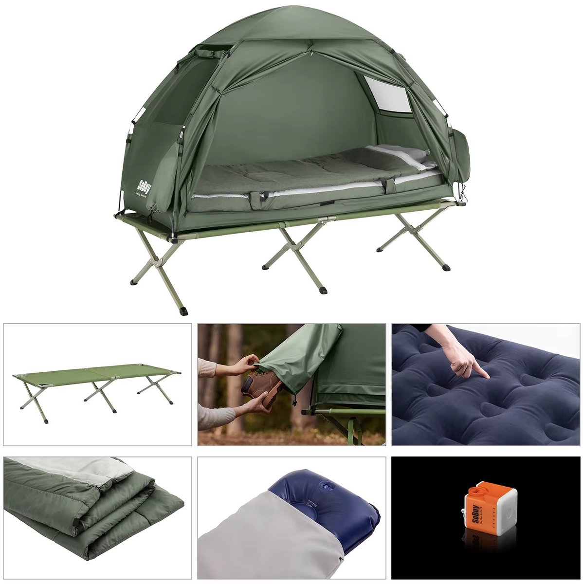 CreateEcom Tent - 4 in 1 Kampeertent met Verhoogd Kampeerbed - inclusief slaapzak, luchtbed met kussens en elektrische pomp - 1 Persoons Camping Tent - Waterdicht 1000mm - Inclusief Draagtas - 193x86x160 cm - Groen