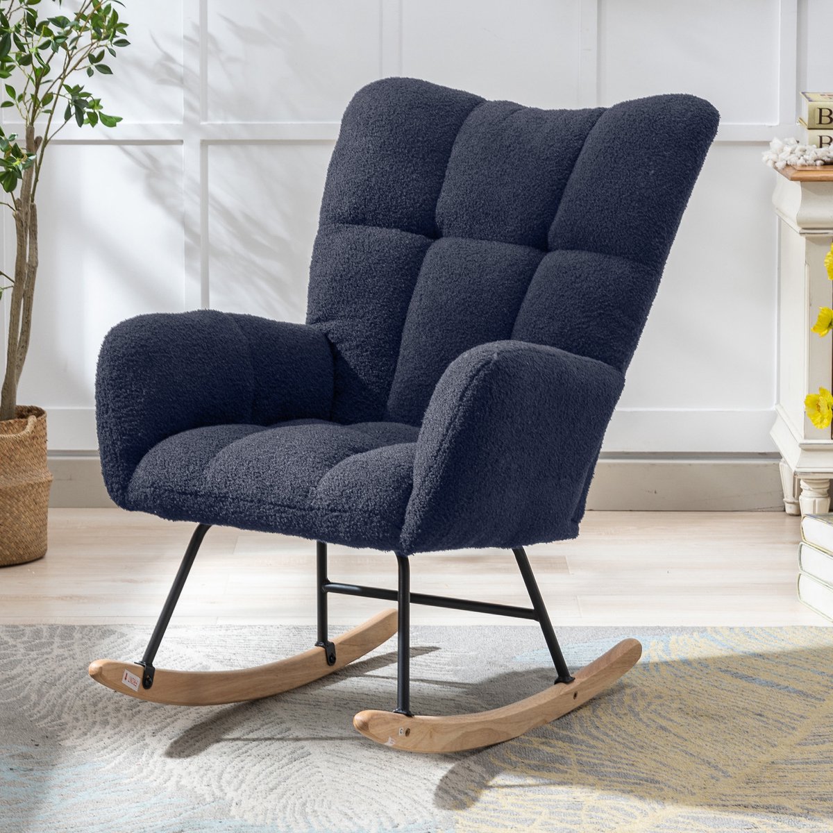 Teddy Schommelstoel - Relaxstoel - Ergonomisch Hoge Rugleuning - Comfortabele Armleuningen - Zachte Vulling - Eenpersoons Fauteuil voor Woonkamer Slaapkamer Babykamer - blauw