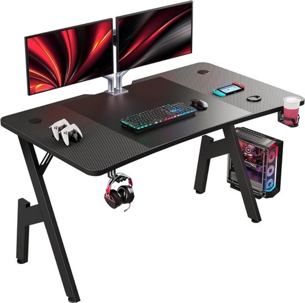 Ergonomisch Gamingbureau 120 x 60 cm met Bekerhouder en Hoofdtelefoonhaak - Zwart
