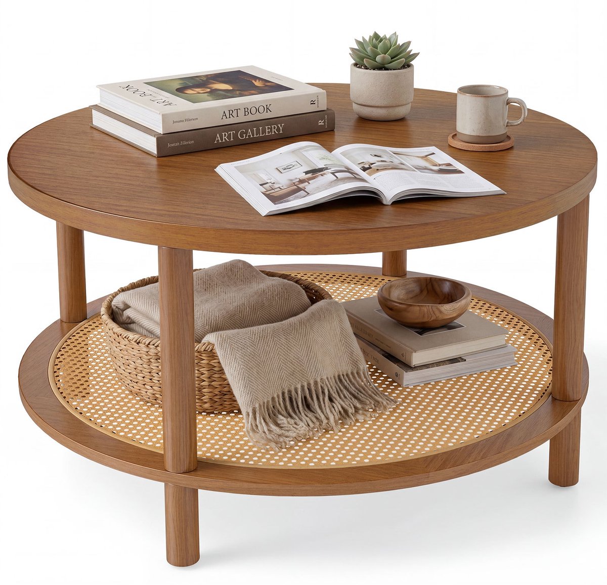 SureDeal® - Salontafel - Ronde Woonkamer Tafel - Glazen Blad - Rattan Opbergruimte Koffie - 80x80x45 cm - Notenhout