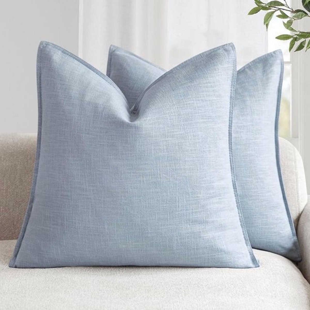 Sierkussenhoezen Linnen - Kussensloop Boho - Decoreren Woonkamer - Met Flensranden - 60 x 60 cm - Hemelsblauw