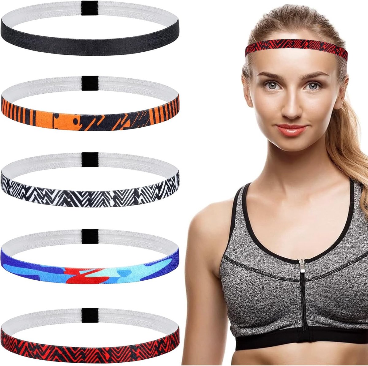 Set van 5 ademende sporthaarbanden, antislip voor yoga, voetbal, basketbal, hardlopen en fietsen