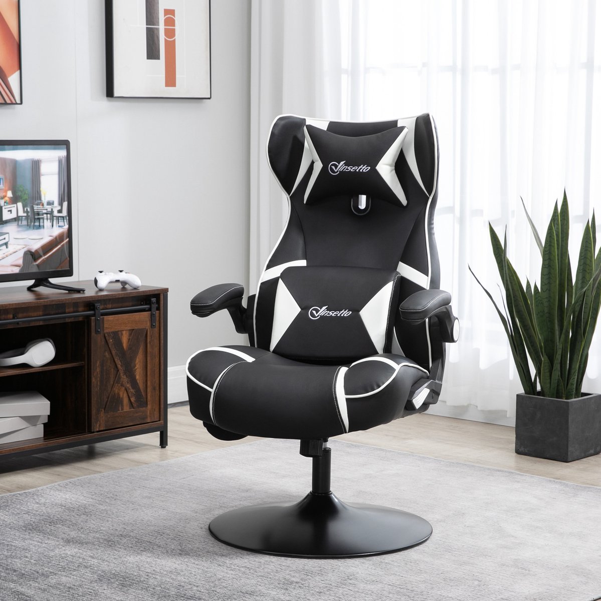 COVREO Gamingstoel 69 x 73 x 118 cm zwart wit kunstleer - met Bluetooth-luidsprekers en hoofdsteun
