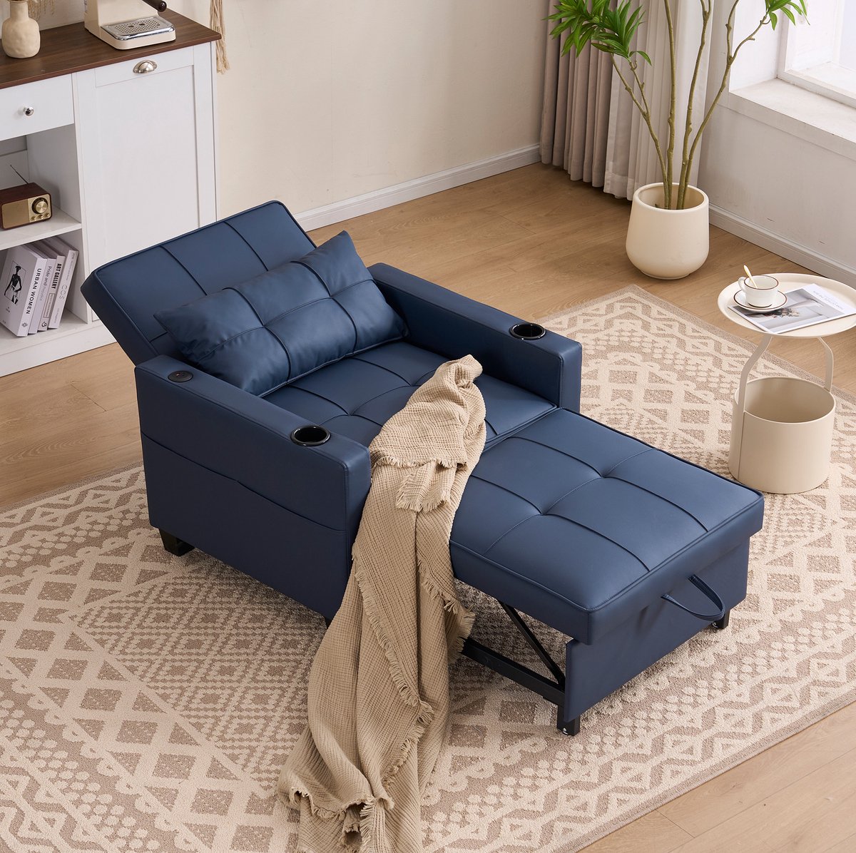 MODENUIT Fauteuil 87 cm - 3-in-1 Uitklapbaar Met Bekerhouders En USB-Aansluiting - Hout Metaal - Blauw