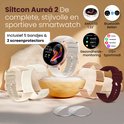 Gouden smartwatch met vijf verwisselbare bandjes: beige, goudkleurig mesh, wit, bordeauxrood en crème wit.