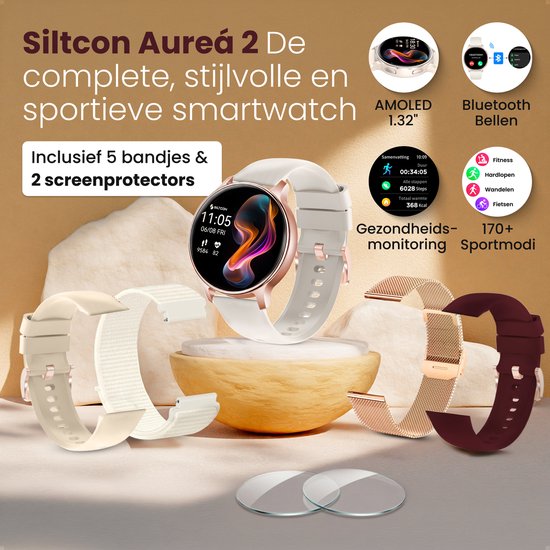 Gouden smartwatch met vijf verwisselbare bandjes: beige, goudkleurig mesh, wit, bordeauxrood en crème wit.