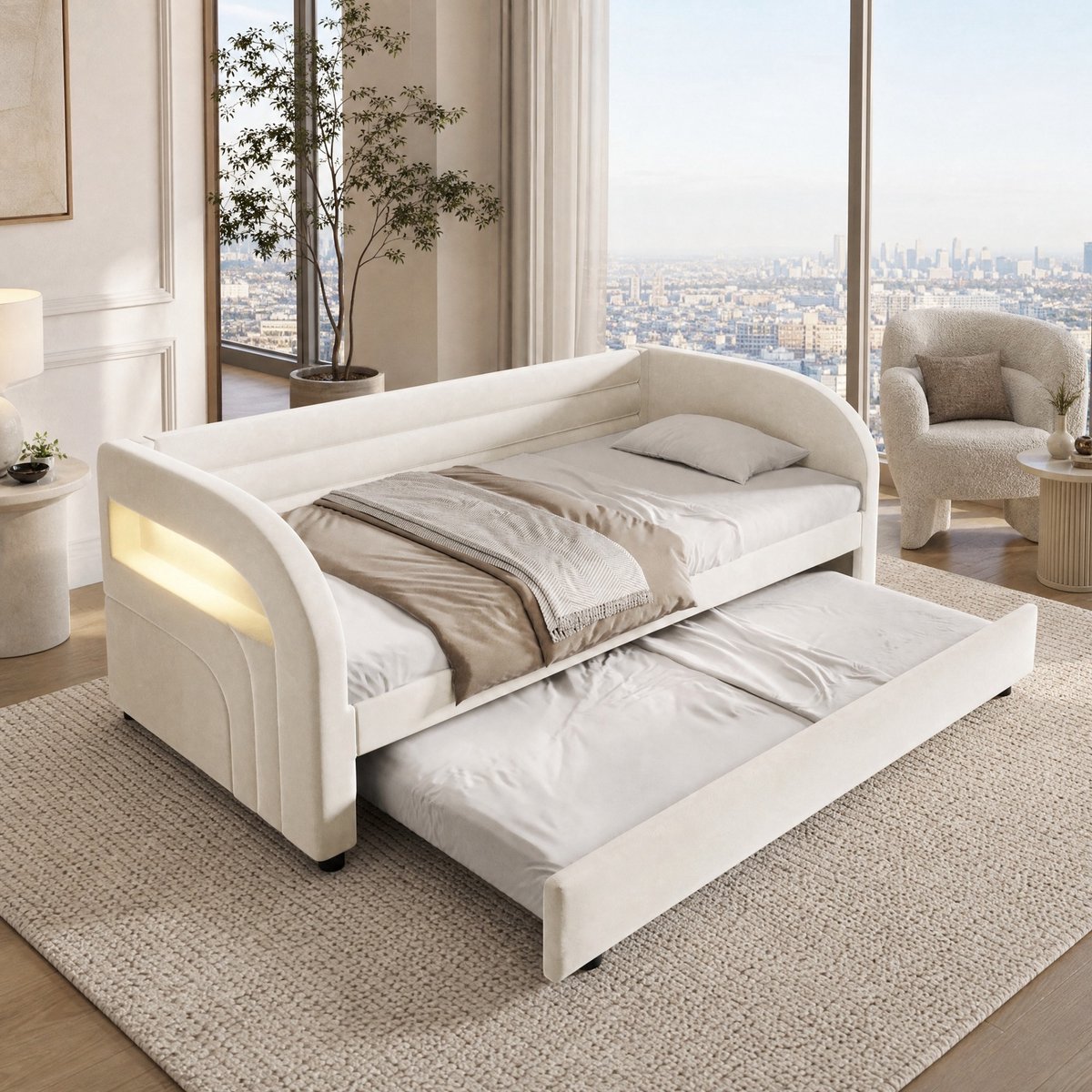 MODENUIT Bed 90 x 200 cm - Met Uitziehbed En LED-Verlichting - Voor Kinder- En Gastenkamer - Stof - Beige