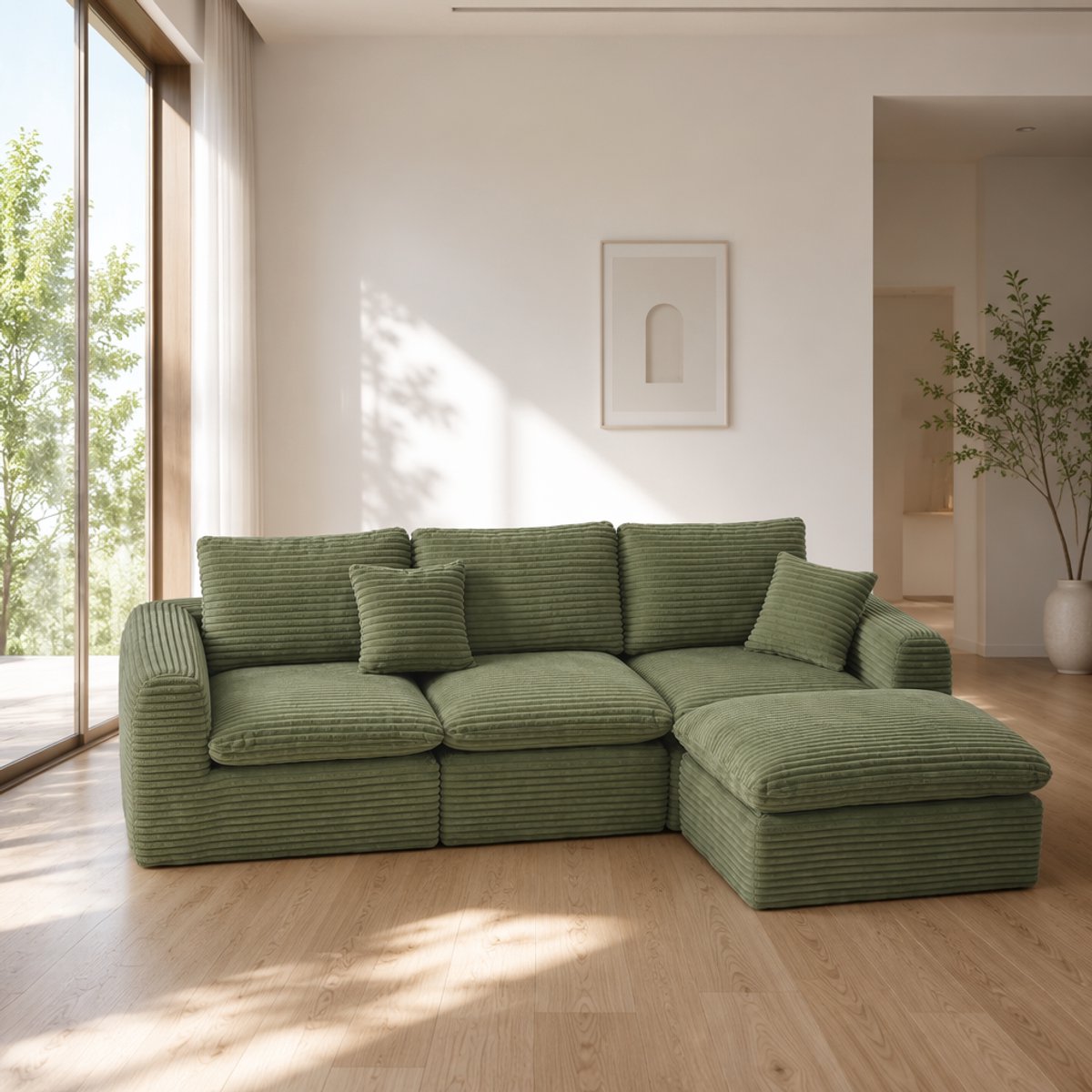 MODENUIT Hoekbank 3-Zits 280 x 180 x 65 cm - Modulair en Slaapfunctie - Woonkamer - Corduroy - Groen