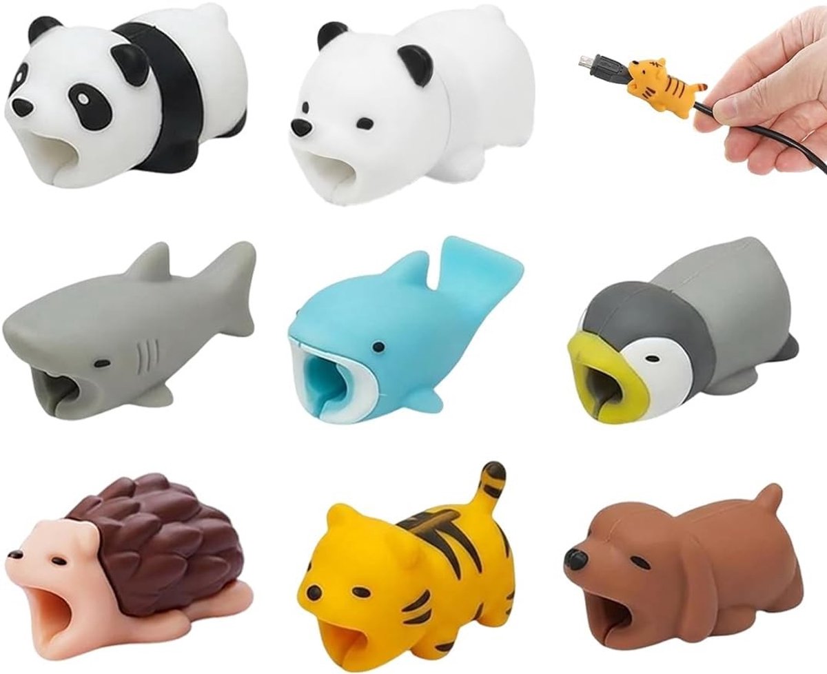 Set van 8 Dieren Biteme Protection Kabelbeschermers, Schattige Oplader Kabelbescherming voor Mobiele Telefoons, Ideaal voor Huisdieren en Kabelbeheer