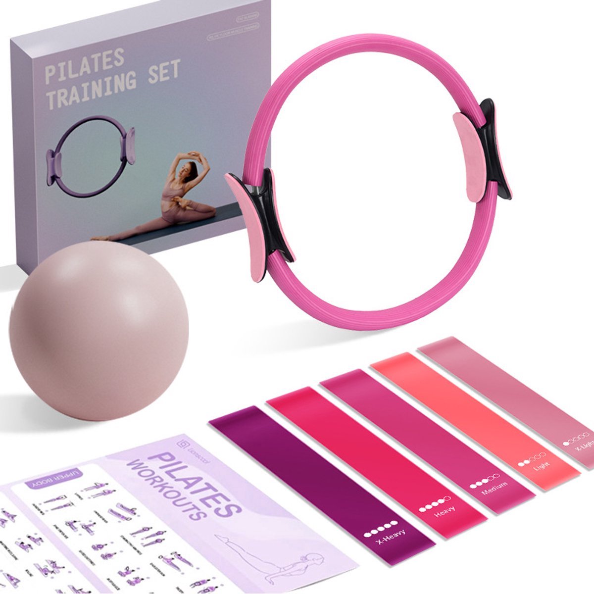casalora-Pilates Ring - Weerstandsbanden - Pilates bal - Ideaal voor fitness en flexibiliteitsoefeningen - Complete Lichaamsverstevigingsset - 7 Delig Pilaseset voor complete training - inclusief 35cm Ring, Oefenband,Bal - Roze