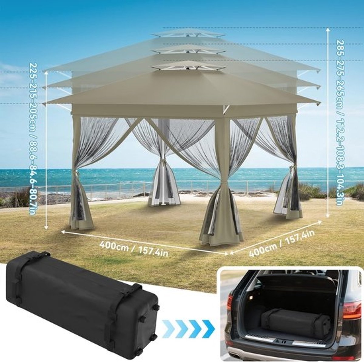 Tuinpaviljoen Pop-up - Partytent Vouwbaar - Buitenfeesten Beschermen - In Hoogte Verstelbaar - 4x4 Meter - Wit Frame
