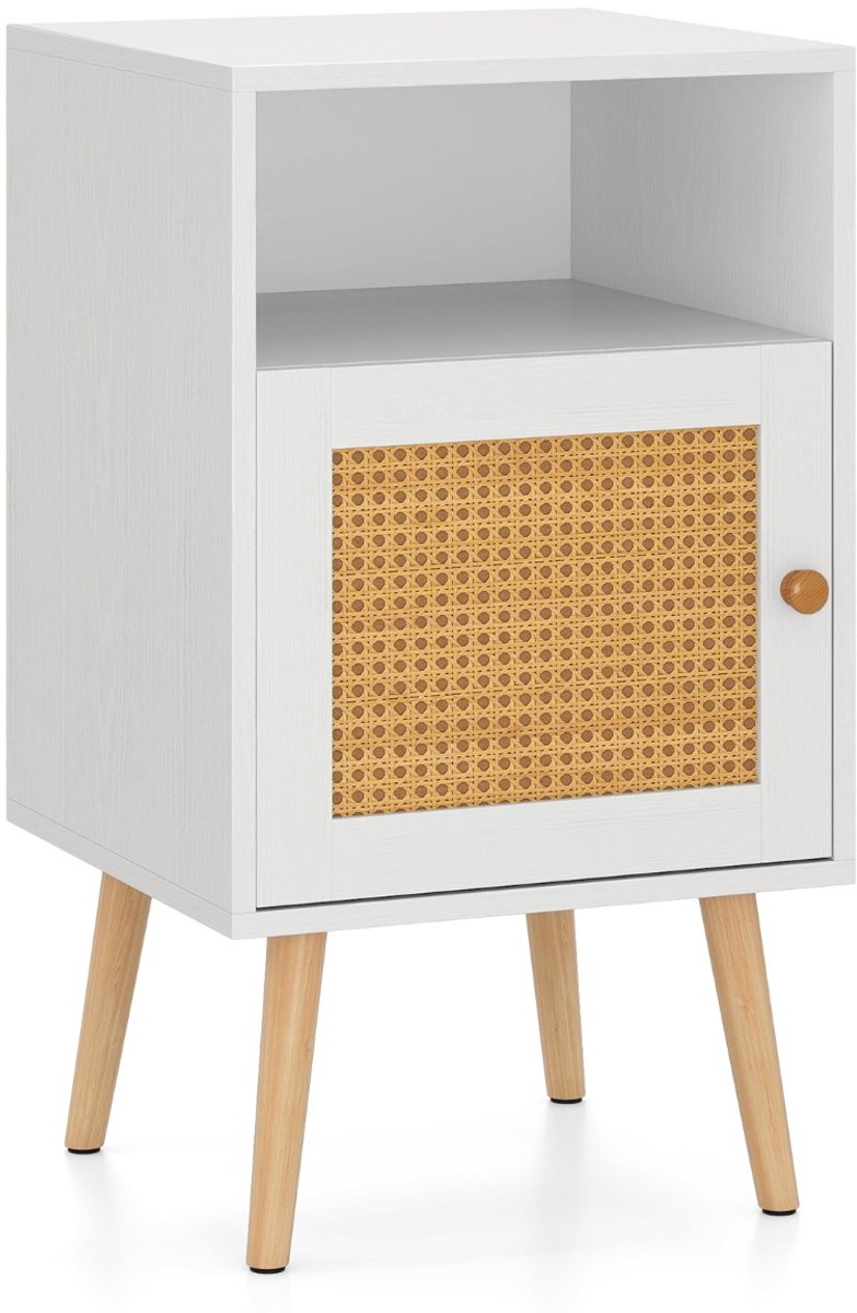 SureDeal® - Nachtkastje - Rotan Bijzettafel - Open Plank - Deur Sofatafel Landelijke - Slaapkamer Woonkamer - 40x39x70 cm - Wit