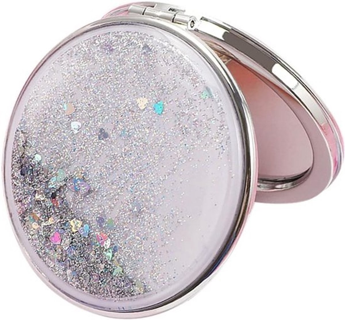 Draagbare Dubbelzijdige Make-up Spiegel met Paarse Glitter Zand Stroom Compact Zakspiegeltje