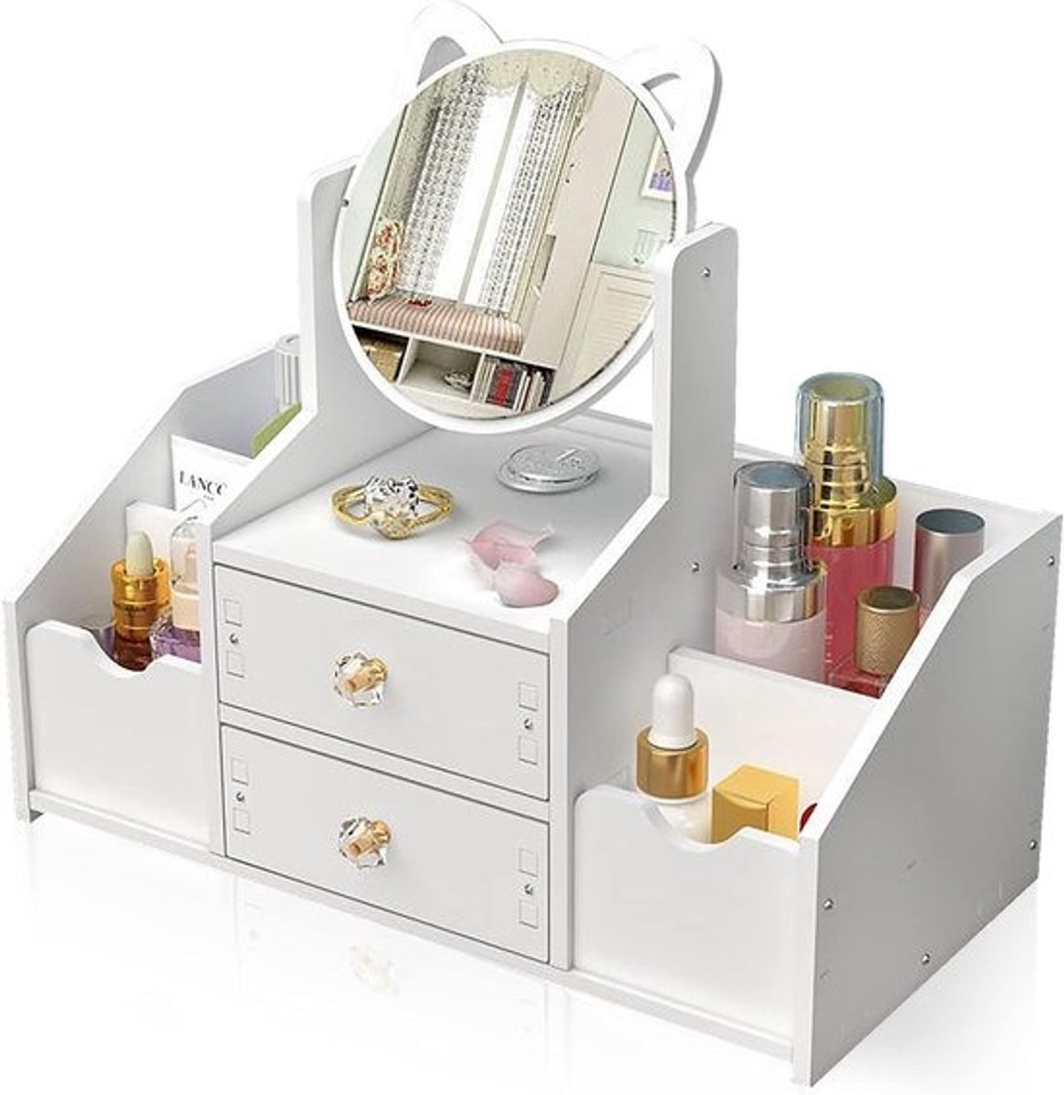 Make-up Organizer met Lade en Spiegel voor Commode of Badkamer - Cosmetica Opbergsysteem Wit