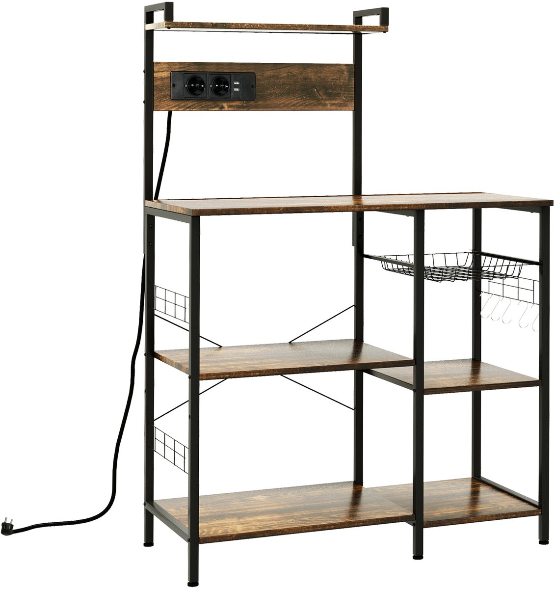 Industriële Keukenrek met Stopcontact en USB-oplader - Opbergrek voor Magnetron en Keukengerei - 90x42x130 cm - Rustiek Bruin