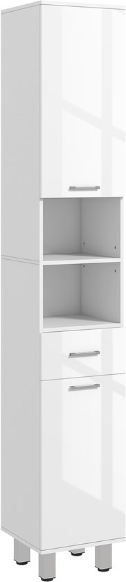 Glanzend witte badkamerkast met twee deuren, een lade en open vakken.