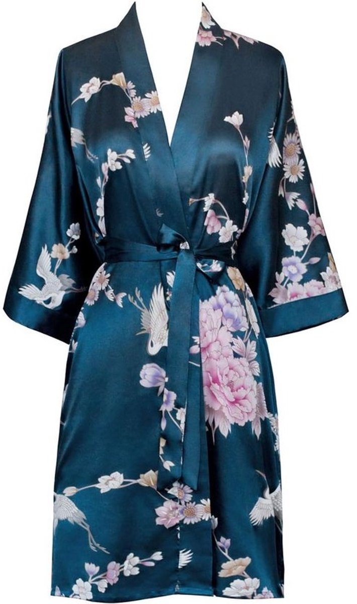 Korte Satijnen Kimono Robe voor Dames - Bloemenprint
