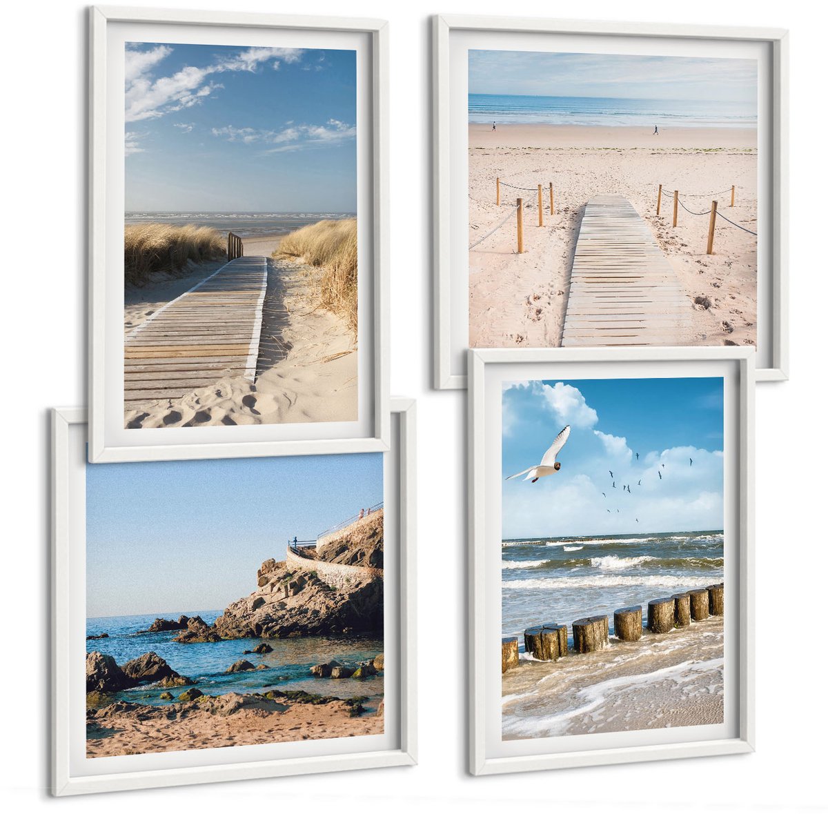 Wallfluent 4-Delige Schilderij Set - Strand Met Zand, Golven, Lucht En Vogels In De Lucht. - 40 x 40 En 40 x 60 - Muurdecoratie - Schilderijen Set - Woonkamer - Woonkamer Decoratie