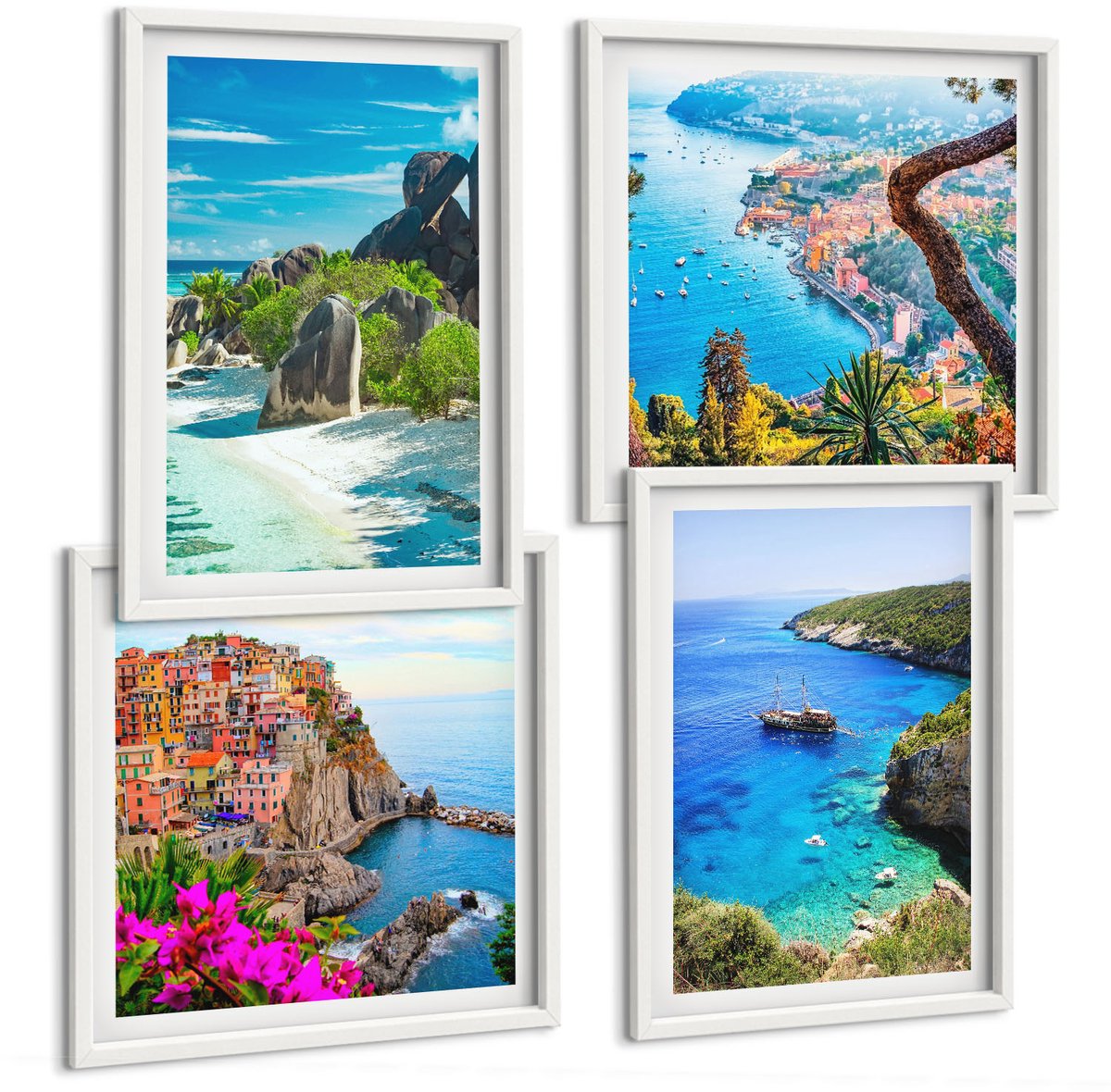 Wallfluent 4-Delige Schilderij Set - Uitzicht Op Zee Met Palmbomen En Blauw Water - 40 x 40 En 40 x 60 - Wanddecoratie - Woonkamer Decoratie
