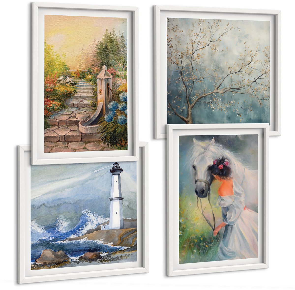 Wallfluent 4-Delige Schilderij Set - Natuurlandschap, Vuurtoren En Meisje Met Paard - 40 x 40 En 40 x 60 - Muurdecoratie - Wanddecoratie - Slaapkamer - Decoratieve Schilderijen